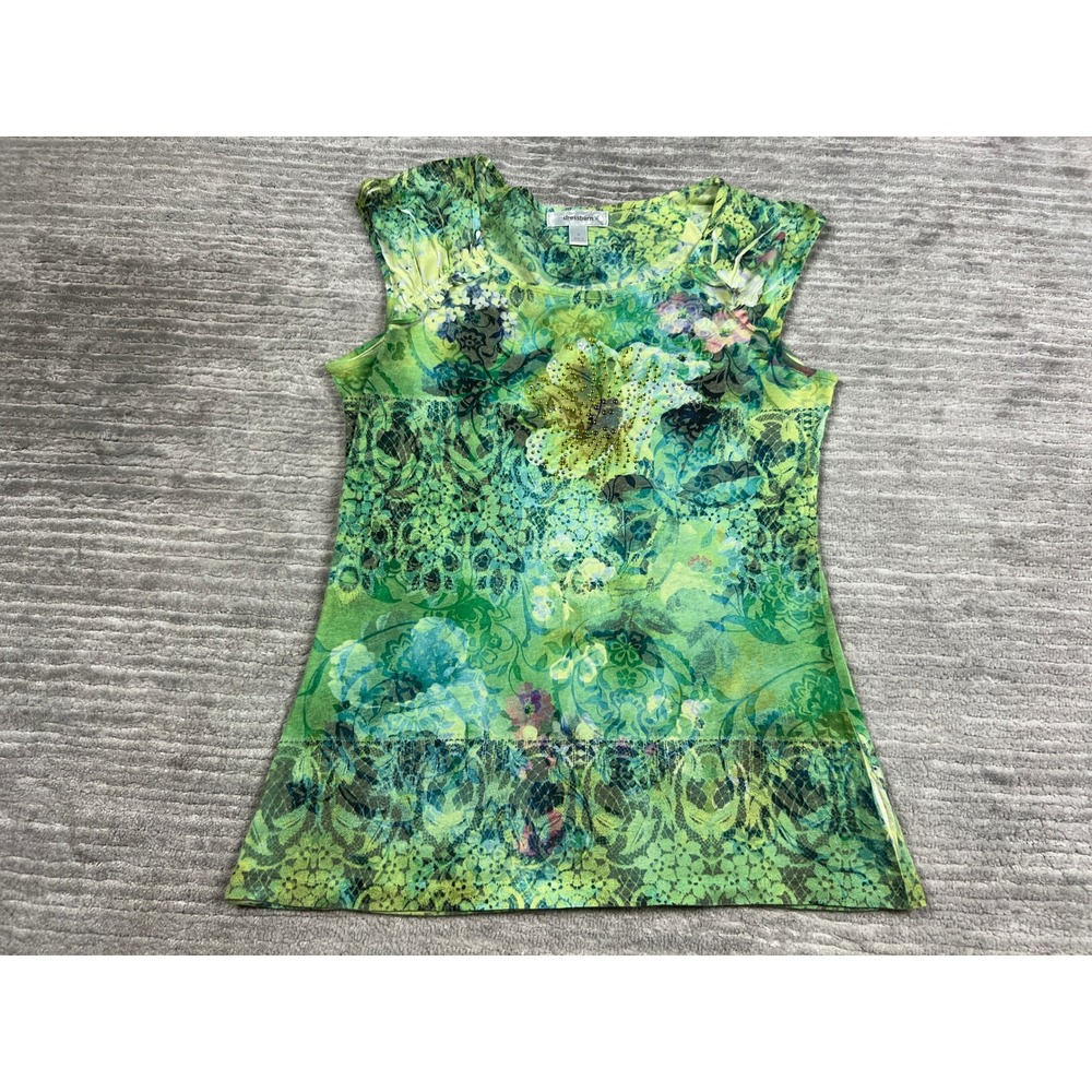 Dressbarn Top Womens S Green Floral Beaded Cap Sleeve Lace Print Blouse Boho